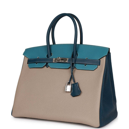 Hermes Birkin 35 Tricolor Gris Tourterelle, Bleu Jean, and Bleu de Malte Clemence Palladium Hardware