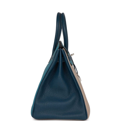 Hermes Birkin 35 Tricolor Gris Tourterelle, Bleu Jean, and Bleu de Malte Clemence Palladium Hardware
