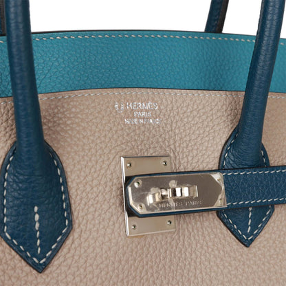 Hermes Birkin 35 Tricolor Gris Tourterelle, Bleu Jean, and Bleu de Malte Clemence Palladium Hardware