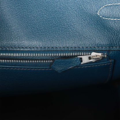 Hermes Birkin 35 Tricolor Gris Tourterelle, Bleu Jean, and Bleu de Malte Clemence Palladium Hardware