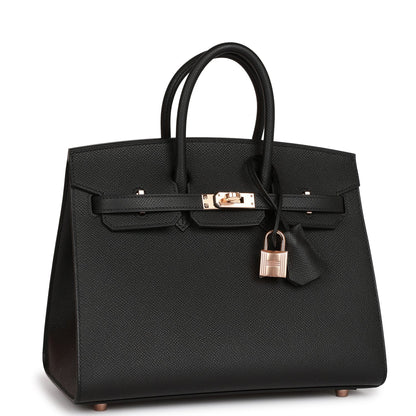 Hermes Birkin 25 Sellier Black Epsom Rose Gold Hardware