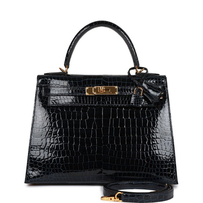 Hermes Kelly 28 Sellier Bleu Baltique Shiny Porosus Crocodile Gold Hardware