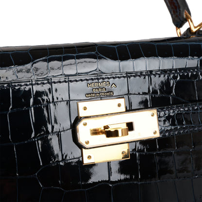 Hermes Kelly 28 Sellier Bleu Baltique Shiny Porosus Crocodile Gold Hardware
