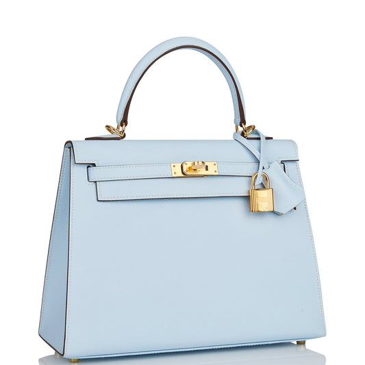 Hermes Kelly 25 Sellier Bleu Brume Epsom Gold Hardware