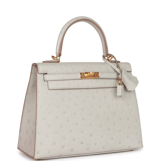 Hermes Kelly 25 Sellier Gris Perle Ostrich Gold Hardware
