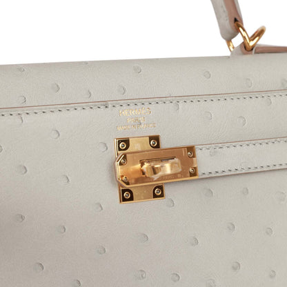 Hermes Kelly 25 Sellier Gris Perle Ostrich Gold Hardware