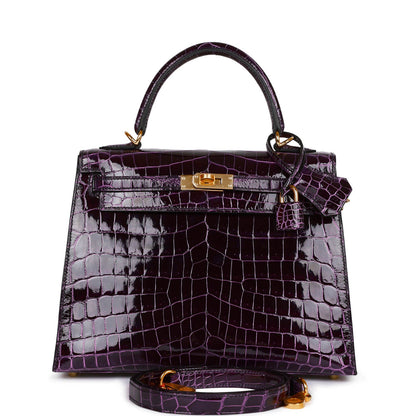 Hermes Kelly 25 Sellier Aubergine Shiny Niloticus Crocodile Gold Hardware