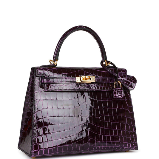 Hermes Kelly 25 Sellier Aubergine Shiny Niloticus Crocodile Gold Hardware