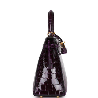 Hermes Kelly 25 Sellier Aubergine Shiny Niloticus Crocodile Gold Hardware