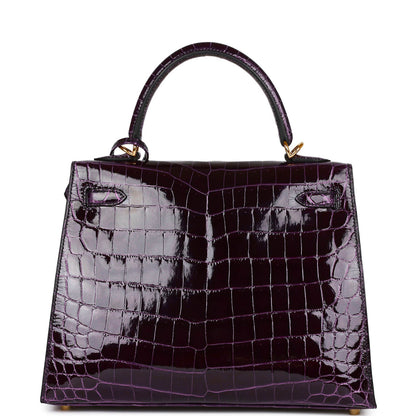 Hermes Kelly 25 Sellier Aubergine Shiny Niloticus Crocodile Gold Hardware
