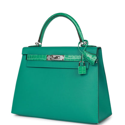 Hermes Kelly 28 Sellier Vert Verone Madame and Shiny Niloticus Crocodile Touch Palladium Hardware