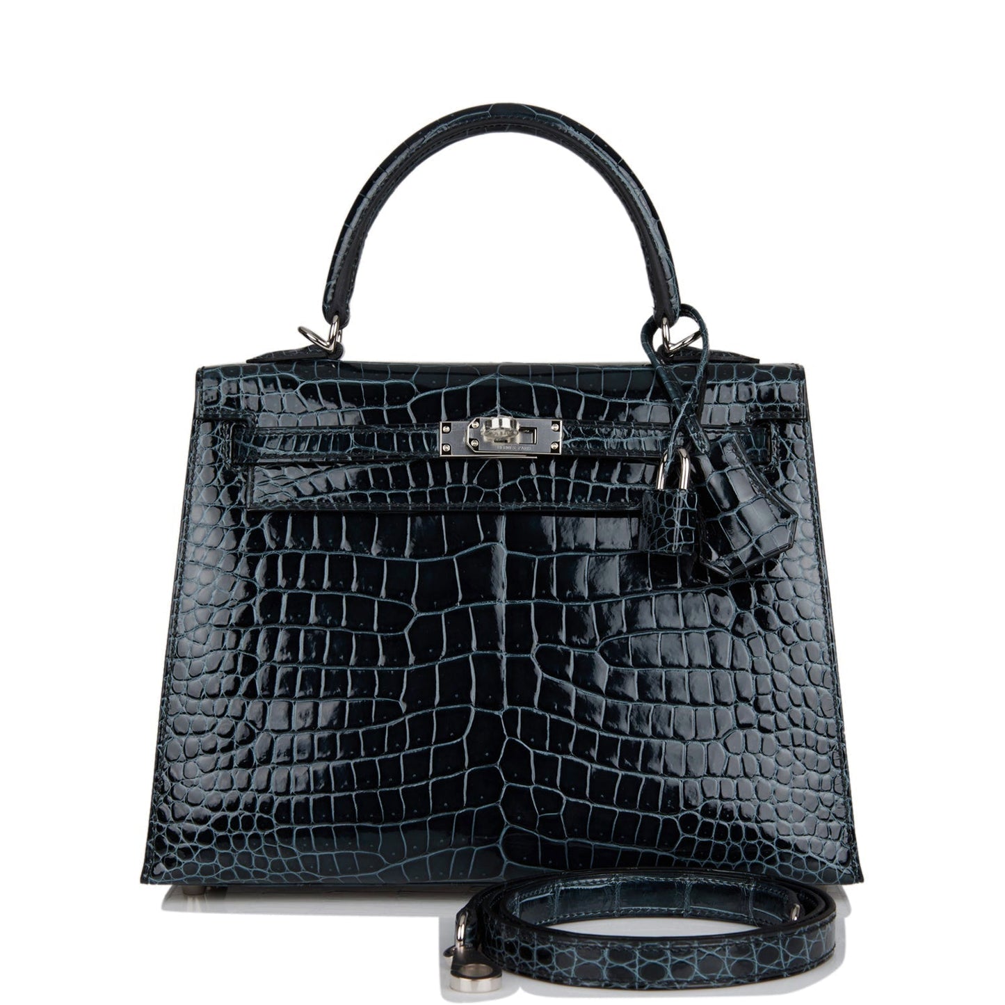 Hermes Kelly 25 Sellier Vert Rousseau Shiny Niloticus Crocodile Palladium Hardware