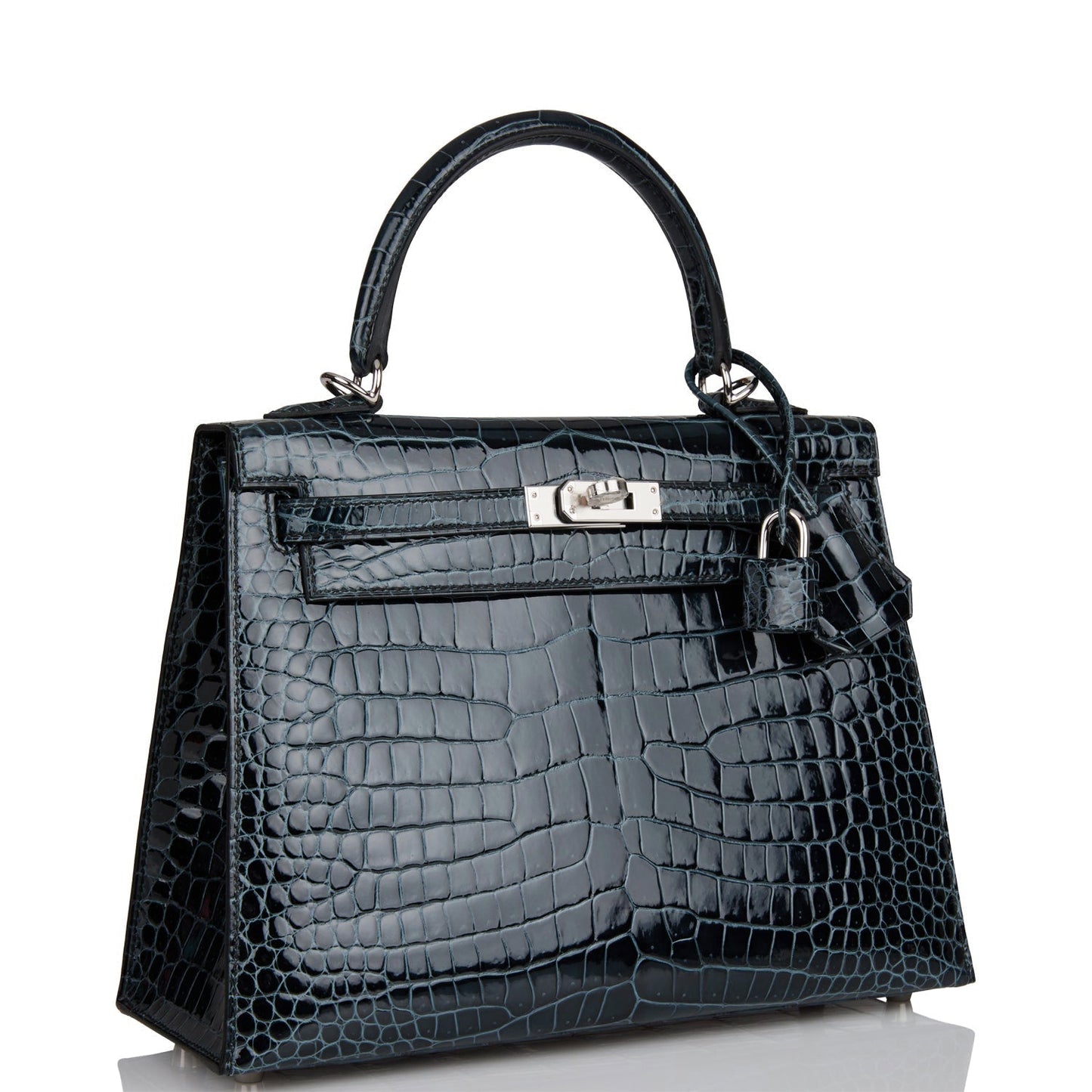 Hermes Kelly 25 Sellier Vert Rousseau Shiny Niloticus Crocodile Palladium Hardware