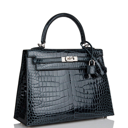 Hermes Kelly 25 Sellier Vert Rousseau Shiny Niloticus Crocodile Palladium Hardware