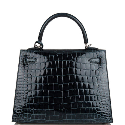 Hermes Kelly 25 Sellier Vert Rousseau Shiny Niloticus Crocodile Palladium Hardware