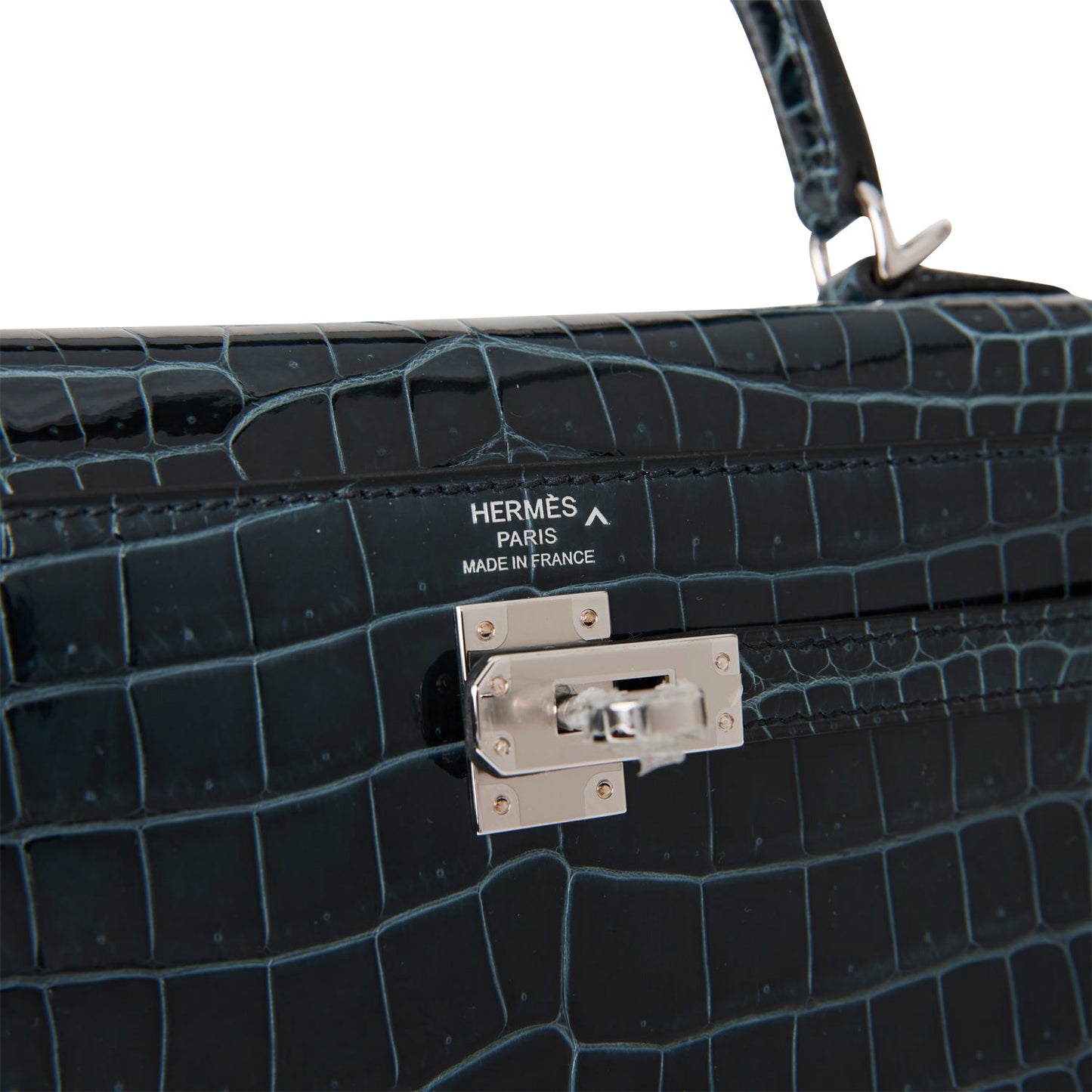Hermes Kelly 25 Sellier Vert Rousseau Shiny Niloticus Crocodile Palladium Hardware