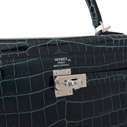 Hermes Kelly 25 Sellier Vert Rousseau Shiny Niloticus Crocodile Palladium Hardware