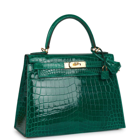 Hermes Special Order (HSS) Kelly 28 Sellier Emerald Shiny Niloticus Crocodile Gold Hardware