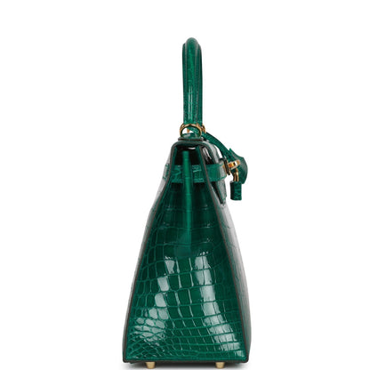 Hermes Special Order (HSS) Kelly 28 Sellier Emerald Shiny Niloticus Crocodile Gold Hardware