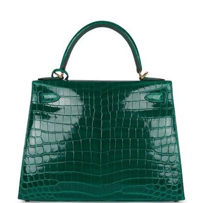 Hermes Special Order (HSS) Kelly 28 Sellier Emerald Shiny Niloticus Crocodile Gold Hardware