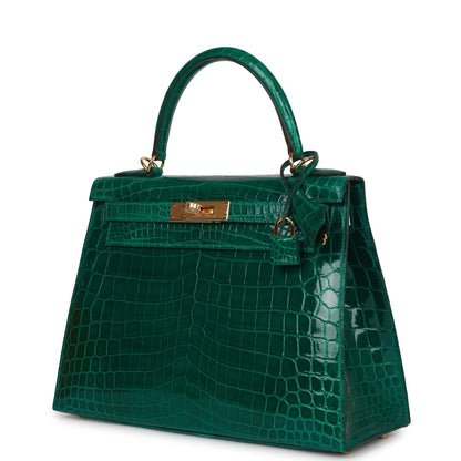 Hermes Special Order (HSS) Kelly 28 Sellier Emerald Shiny Niloticus Crocodile Gold Hardware