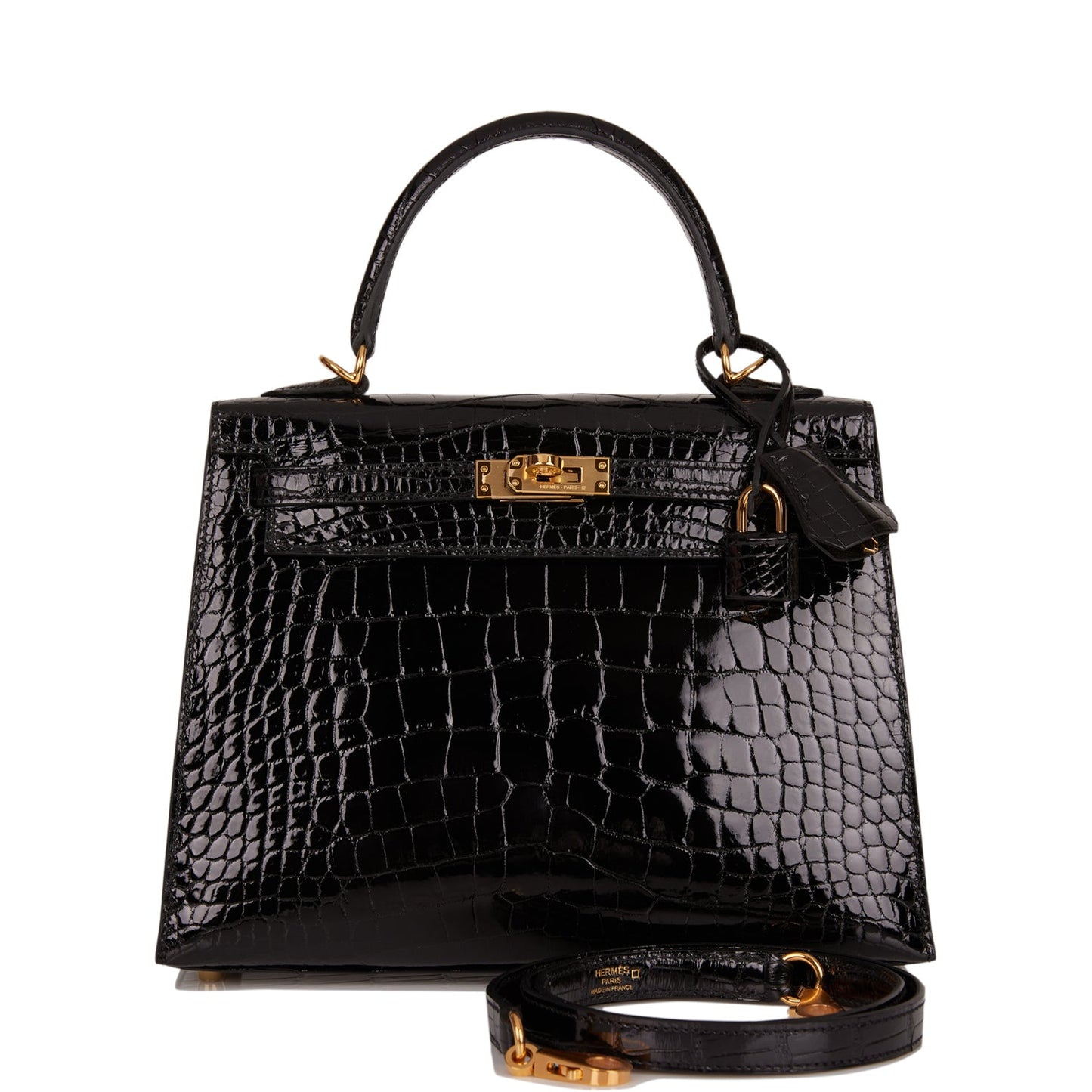 Hermes Kelly 25 Sellier Black Shiny Alligator Gold Hardware