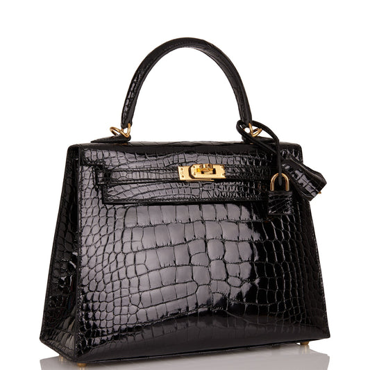 Hermes Kelly 25 Sellier Black Shiny Alligator Gold Hardware