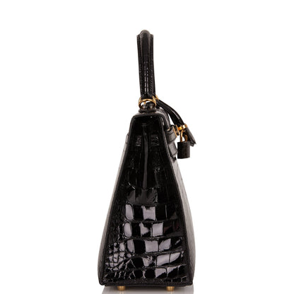Hermes Kelly 25 Sellier Black Shiny Alligator Gold Hardware