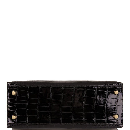 Hermes Kelly 25 Sellier Black Shiny Alligator Gold Hardware