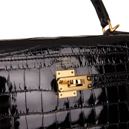 Hermes Kelly 25 Sellier Black Shiny Alligator Gold Hardware