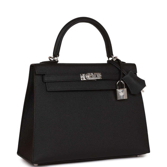 Hermes Kelly 25 Sellier Black Epsom Palladium Hardware