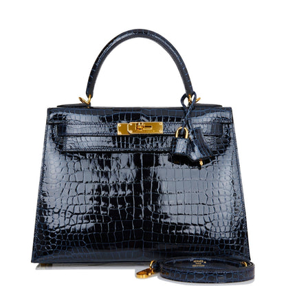 Hermes Kelly 28 Sellier Bleu Baltique Shiny Porosus Crocodile Gold Hardware