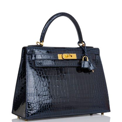 Hermes Kelly 28 Sellier Bleu Baltique Shiny Porosus Crocodile Gold Hardware