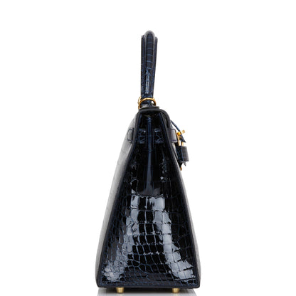 Hermes Kelly 28 Sellier Bleu Baltique Shiny Porosus Crocodile Gold Hardware