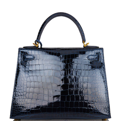 Hermes Kelly 28 Sellier Bleu Baltique Shiny Porosus Crocodile Gold Hardware
