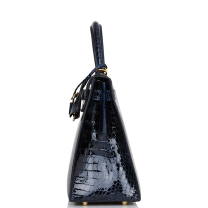 Hermes Kelly 28 Sellier Bleu Baltique Shiny Porosus Crocodile Gold Hardware