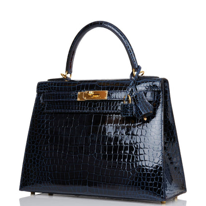 Hermes Kelly 28 Sellier Bleu Baltique Shiny Porosus Crocodile Gold Hardware