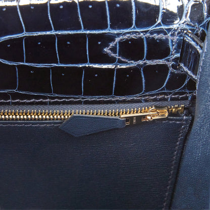 Hermes Kelly 28 Sellier Bleu Baltique Shiny Porosus Crocodile Gold Hardware