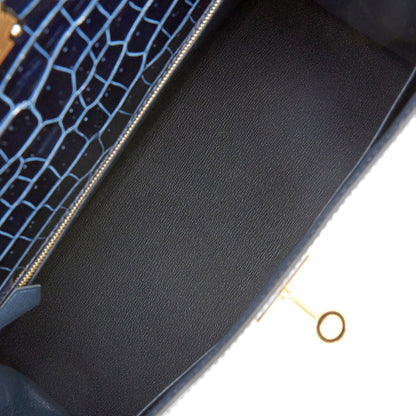 Hermes Kelly 28 Sellier Bleu Baltique Shiny Porosus Crocodile Gold Hardware