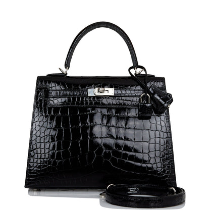 Hermes Kelly 25 Sellier Black Shiny Alligator Palladium Hardware