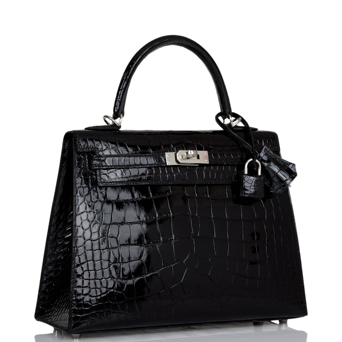Hermes Kelly 25 Sellier Black Shiny Alligator Palladium Hardware