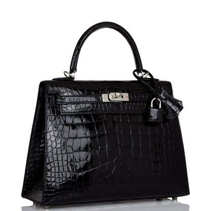 Hermes Kelly 25 Sellier Black Shiny Alligator Palladium Hardware