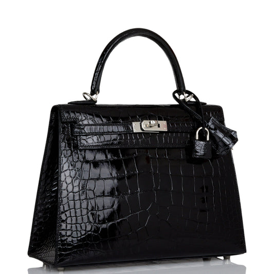 Hermes Kelly 25 Sellier Black Shiny Alligator Palladium Hardware