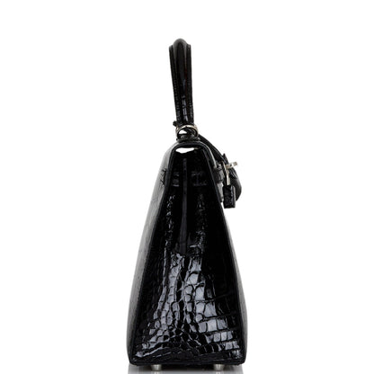 Hermes Kelly 25 Sellier Black Shiny Alligator Palladium Hardware