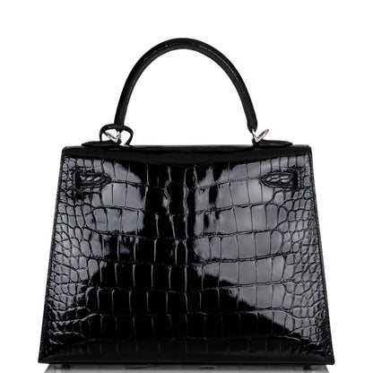 Hermes Kelly 25 Sellier Black Shiny Alligator Palladium Hardware