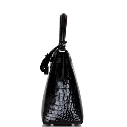 Hermes Kelly 25 Sellier Black Shiny Alligator Palladium Hardware