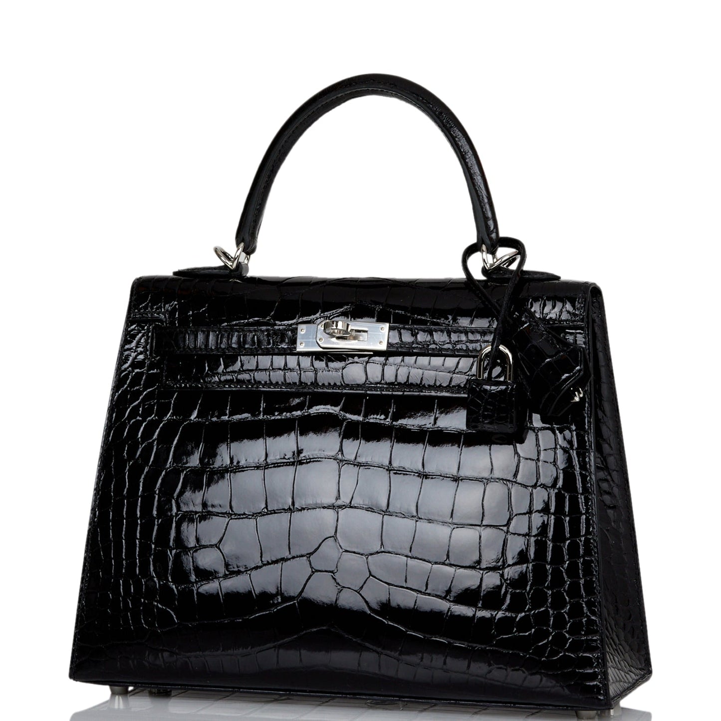 Hermes Kelly 25 Sellier Black Shiny Alligator Palladium Hardware