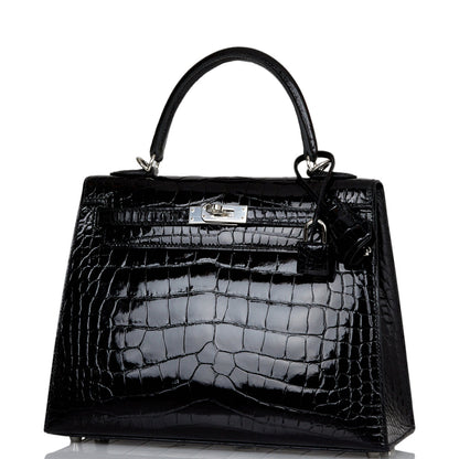 Hermes Kelly 25 Sellier Black Shiny Alligator Palladium Hardware
