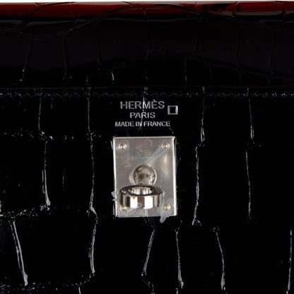 Hermes Kelly 25 Sellier Black Shiny Alligator Palladium Hardware