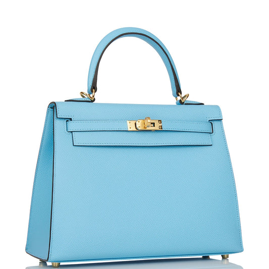 Hermes Kelly 25 Sellier Celeste Epsom Gold Hardware
